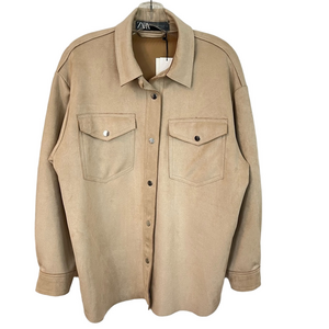 Zara Women's Faux Suede Shacket Shirt Jacket Western Boho Oversized Taupe M Boho